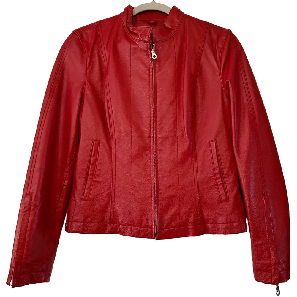 Wilsons Vintage Leather Women’s Red Moto Jacket Sleeve Zippers Size Medium - Picture 1 of 15